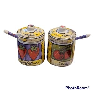 2 MSC Porcelain Joie de Vivre Jam Jars Matching Spoons